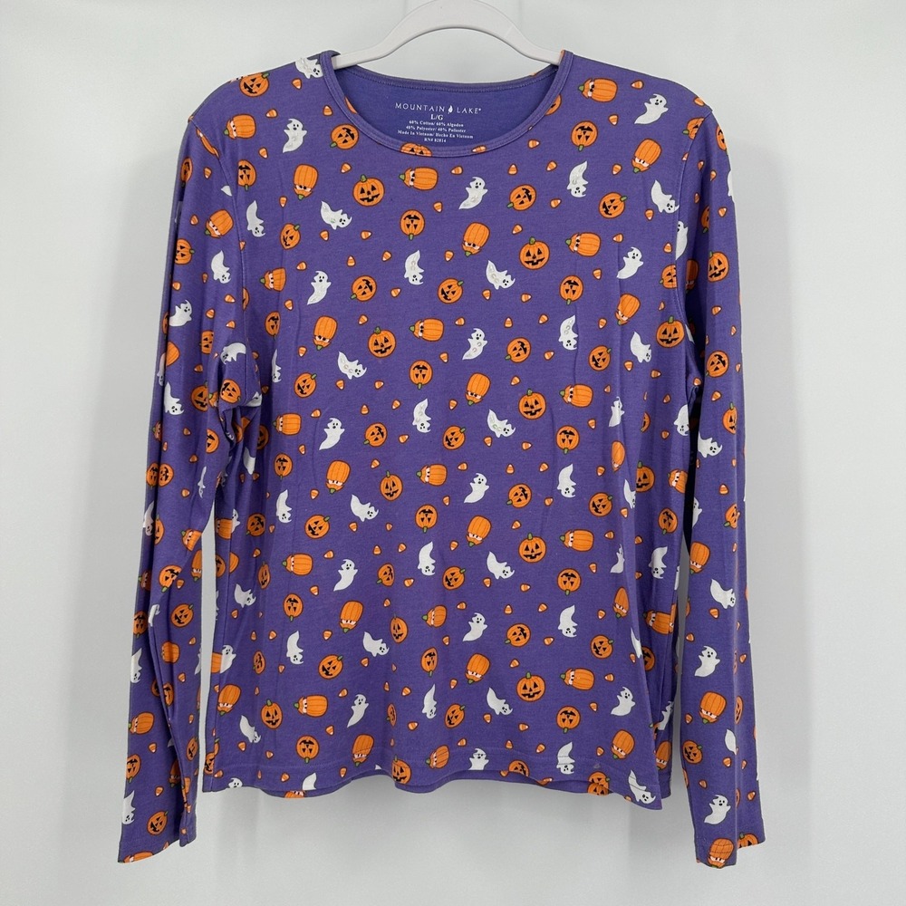 Mountain Lake Womens Purple Halloween Top Size L Pumpkin Ghost Trick Or Treat
